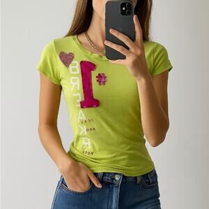 Y2K Aeropostale Green Graphic T Shirt Sequin Logo 2000s Retro Vintage XS